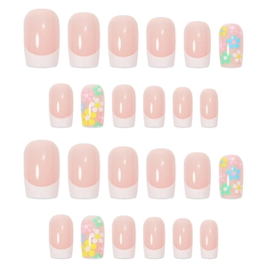 French tip press-on nails set with colorful floral designs on pink base