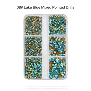 6-grid storage box with lake blue and gold pointed-back nail art rhinestones