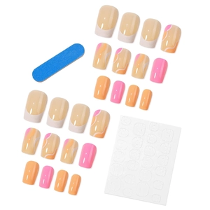 French tip press on nails kit with nude orange wave designs and application tools