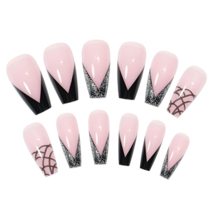 Pink and black long coffin press-on nails with V-French tips and silver glitter accents