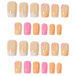 24pcs French press on nails with pink orange wavy patterns and round square shapes