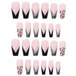 French snake pattern press-on nails in pink and black with 24 piece set display