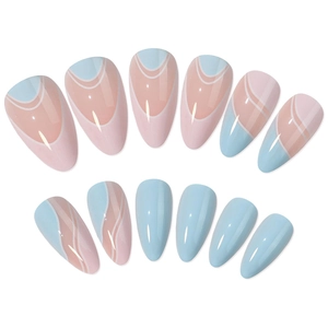 French blue wavy press-on nails set with pink marble patterns and almond shape tips