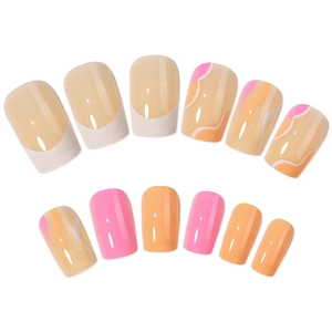 Pink and orange wavy pattern French tip press on nails with high gloss square round finish