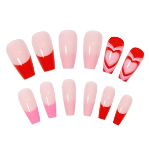 Detail of 12pcs matte press on nails with pink and red heart patterns and French tips