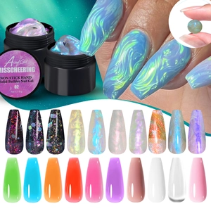 Detailansicht des Aurora-blauen festen Nagelverlängerungsgels im 10g-Tiegel mit Proben
