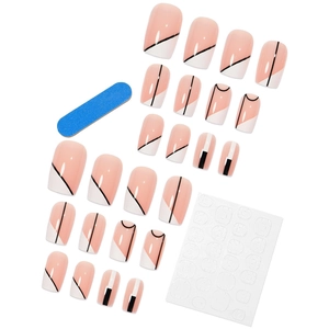 French striped short press-on nail kit with 24 geometric nude and white nail pieces
