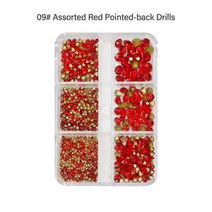 Detailed view of red and gold pointed back rhinestones in a 6-compartment storage box