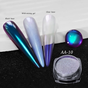 Détail de la poudre à ongles caméléon AA-10 sur bases noires et claires avec fini miroir