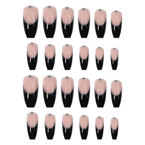 French ballet press-on nails in nude pink and black with silver lines and rhinestones