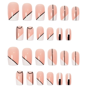 French striped short press-on nails set with geometric patterns in 24 pieces
