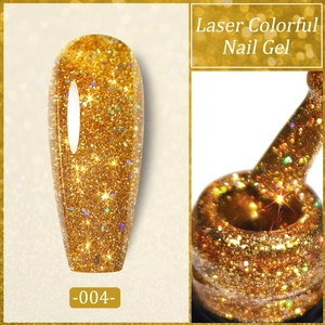 Macro shot of glittery gold laser nail gel polish shade 004 with shimmering sequins