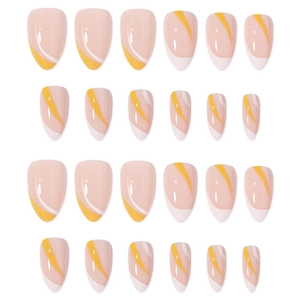Faux ongles amande style français avec motifs vagues blancs et orange