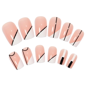 French style short press-on nails with modern geometric stripes and minimalist pink design