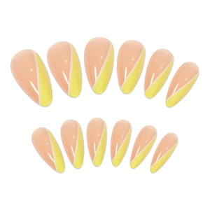 Almond shaped press-on nails set with pink and yellow gradient color block design