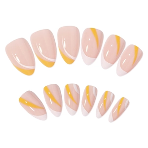 Faux ongles amande français blancs et oranges avec design vague sur base nude