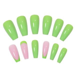 Summer matcha green press on nails with pink French tips long coffin shape fake nail set