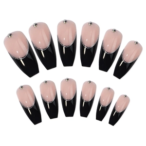 French black tip coffin press-on nails with silver glitter lines and tiny rhinestones