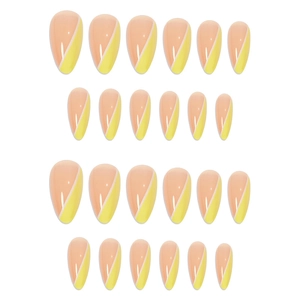 French almond nails with pink and yellow gradient and delicate white line accents