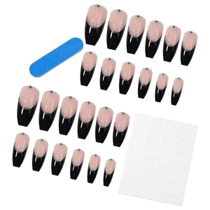 French black ballet press-on nails set with silver glitter lines and rhinestones