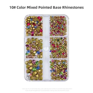 Detailed top view of 6-grid box containing multi-colored pointed-back nail rhinestones