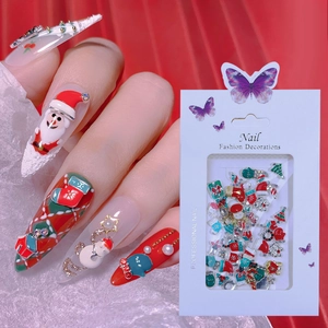 Detaillierte Weihnachts-Nagelkunst-Anhänger mit Weihnachtsmann, Schneemann und Strass