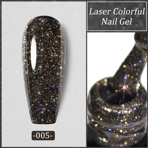 Macro view of laser silver galaxy glitter nail gel in shade 005 with holographic sparkle