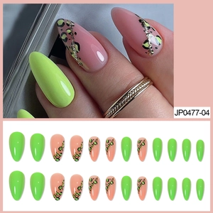 Leopard Print Press On Nails Almond Stiletto Neon Green Pink Artificial Fake Nails With Gold Glitter Lines Fashion Manicure For Women
