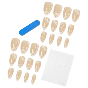 Almond press-on nail kit with nude base and white daisy floral patterns and tools
