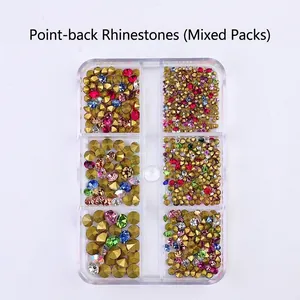 6-grid storage box with colorful pointed back glass rhinestones for nail art DIY