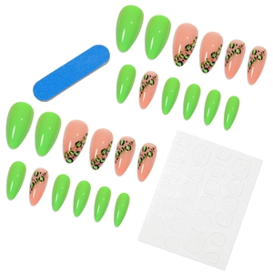 Neon green almond press-on nails with leopard print, gold stripes and toolkit