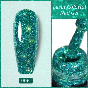 Detail of Laser Colorful Nail Gel 006 showing sparkling teal sequins and holographic shine