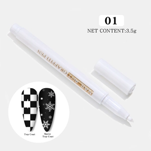 Detailed view of 3.5g white nail art graffiti pen showing glossy and matte top coat effects