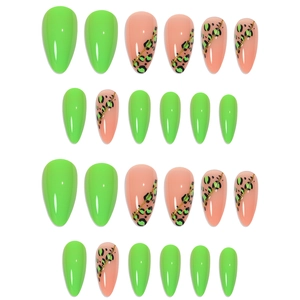 Leopard print and neon green stiletto press-on nails set with 24 pieces in various sizes