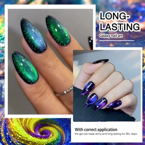 Starry sky peacock magnetic gel polish in emerald green and aurora purple almond nails