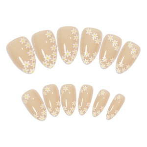 Press-on almond nails featuring nude base and white daisy floral patterns, 12-piece set