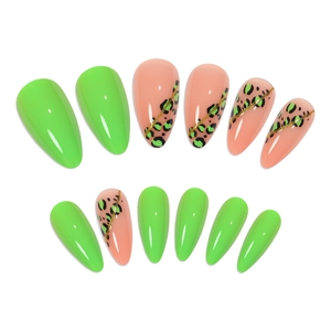 Almond shaped press-on nails with green leopard print and gold glitter stripe details