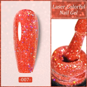 Macro shot of 007 bright red laser glitter nail gel and application brush detail