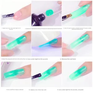 Processus en 9 étapes montrant l'application du gel d'extension d'ongles vert néon en détail