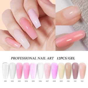 Detailed 12-color nail extension gel set palette showing nude pink shades and glossy finish