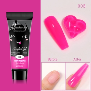 Vue détaillée du gel d'extension acrylique Neon Magenta avec tube 15ml et résultats