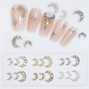 Détails de bijoux à ongles en forme de lune avec perles et strass sur alliage