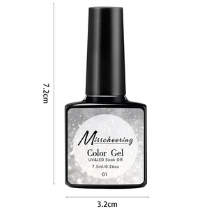 Sparkling silver glitter nail polish 7.5ml in black bottle with size measurements
