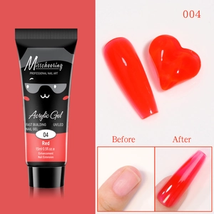 Détail du gel d'extension acrylique rouge montrant le flacon 15ml et l'effet avant-après
