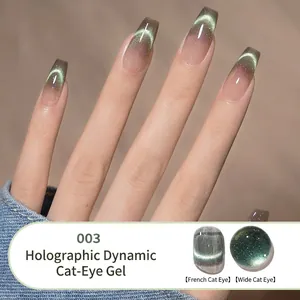 Macro shot of 003 nail gel showing green silver magnetic cat eye and laser flash effect