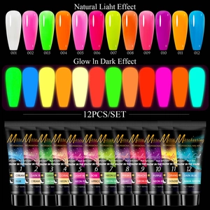 12-color glow-in-the-dark poly nail gel set with normal and luminous effect comparison
