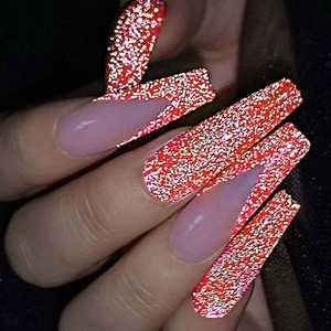 Sparkly red reflective glitter French tip press-on coffin nails in long trapezoid shape