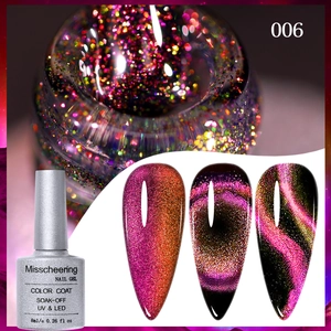 Detail of chameleon peacock cat eye nail polish bottle and shimmer swatch effects