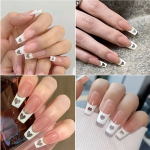 Pink coffin fake nails with white French tips and hollow heart design on 4 various backgrounds
