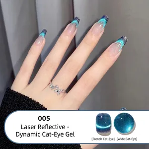 Detail of blue dynamic cat eye nail gel with holographic reflection and French style effect